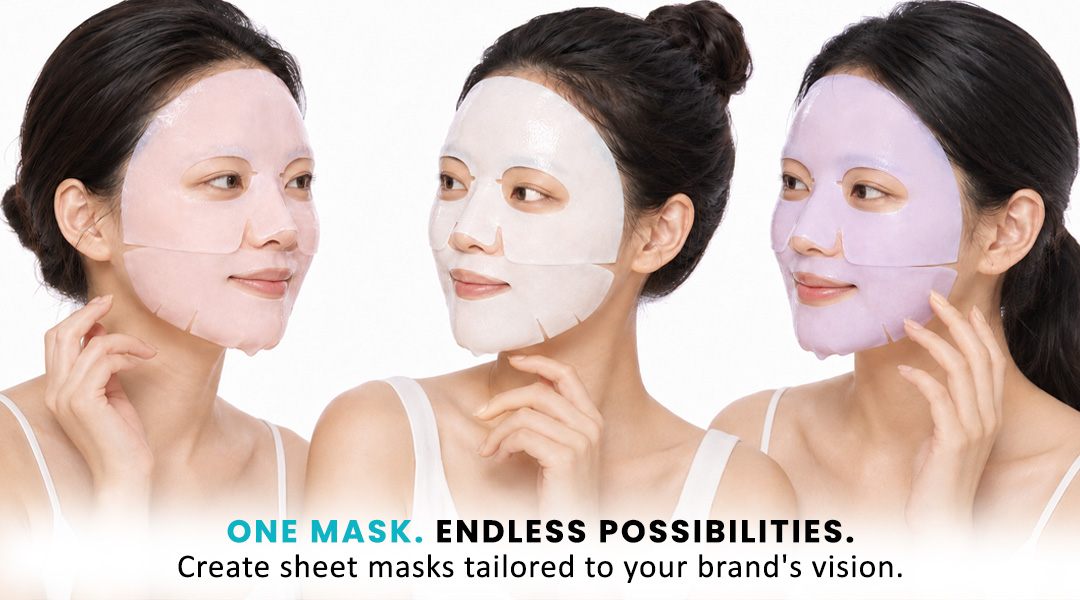 Three women wearing different facial sheet mask options in white transparent and lavender colors