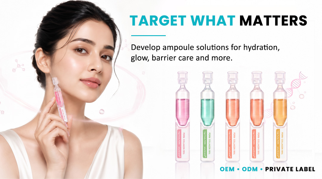Woman holding a pink ampoule serum beside multiple customized skincare ampoule formulas