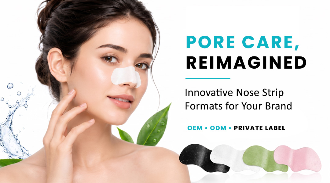 Woman wearing a white nose strip with multiple customizable nose strip formats for private label skincare brands