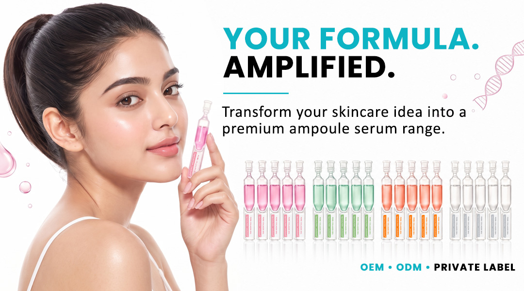 Woman holding a pink ampoule serum with multiple colorful ampoule formulas for private label skincare