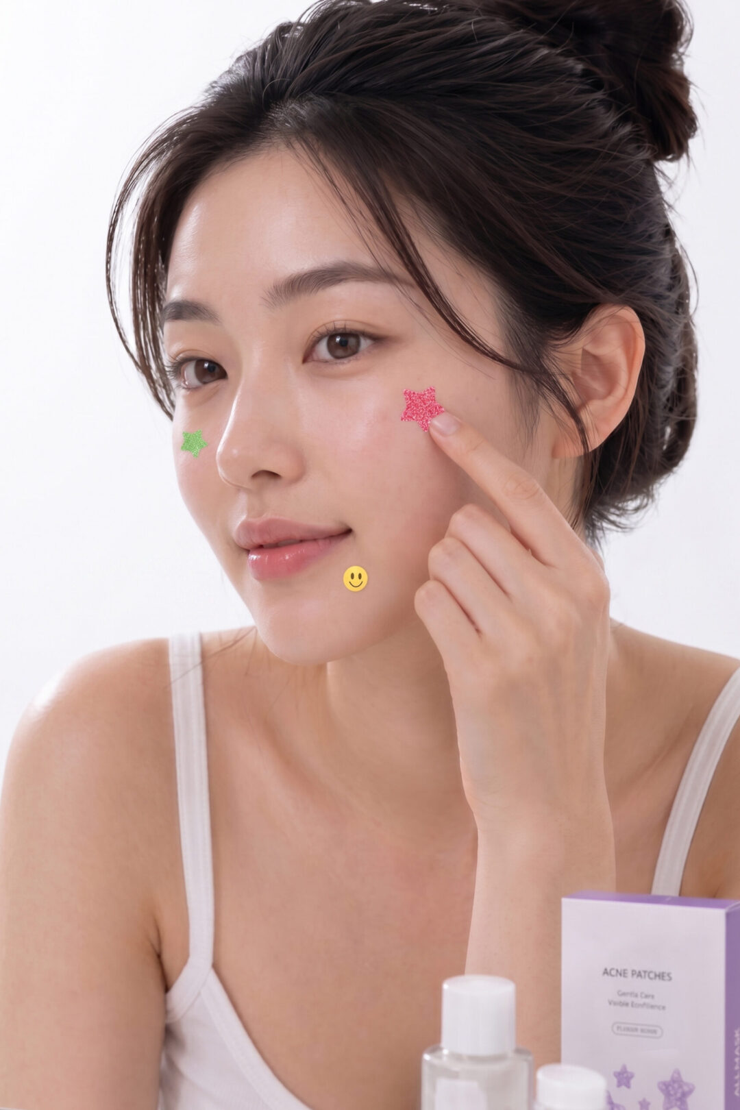 AllMask acne pimple patches in colorful shapes applied to facial blemishes