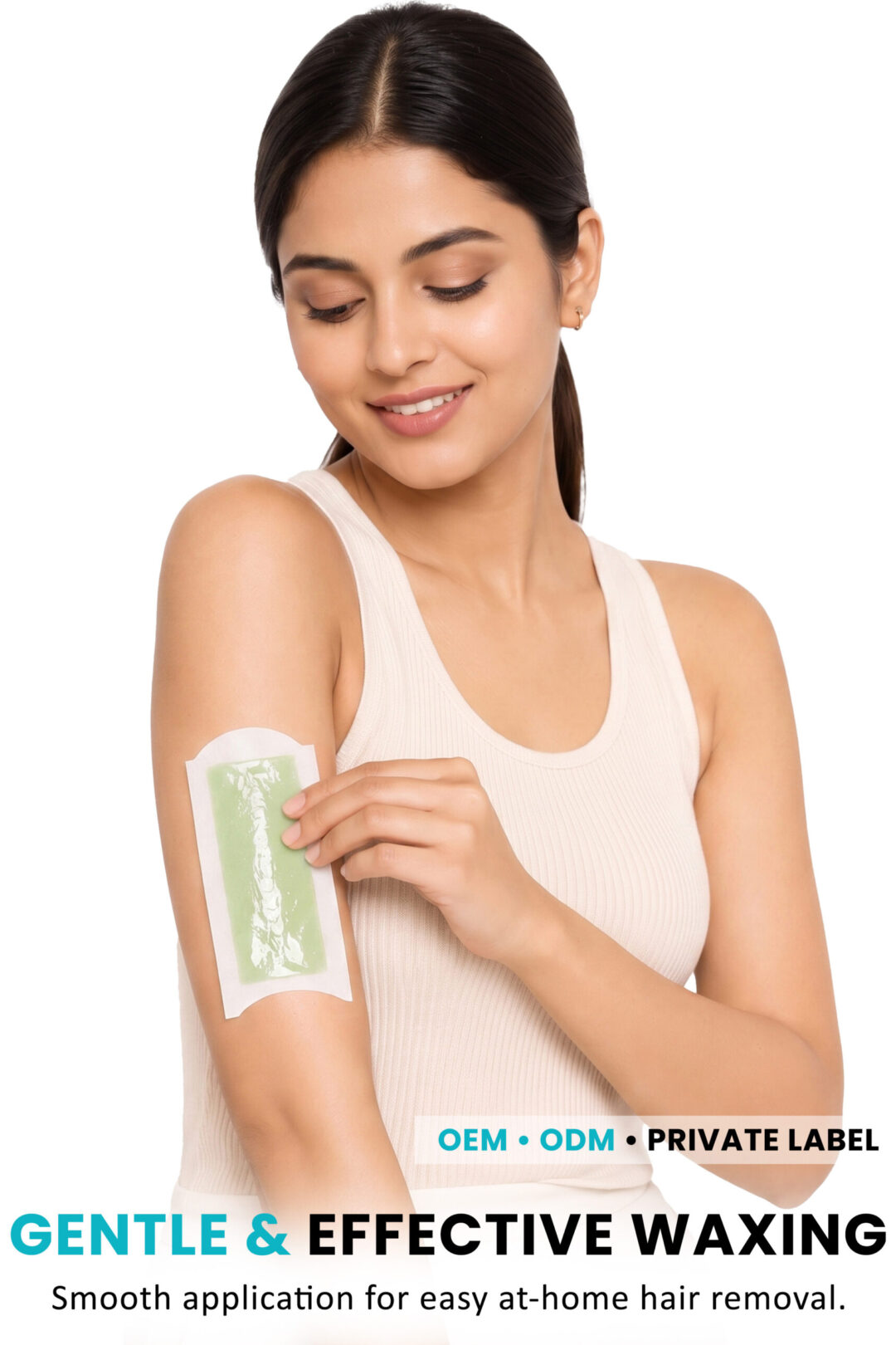 AllMask gel wax strip applied to a woman's arm for gentle body waxing