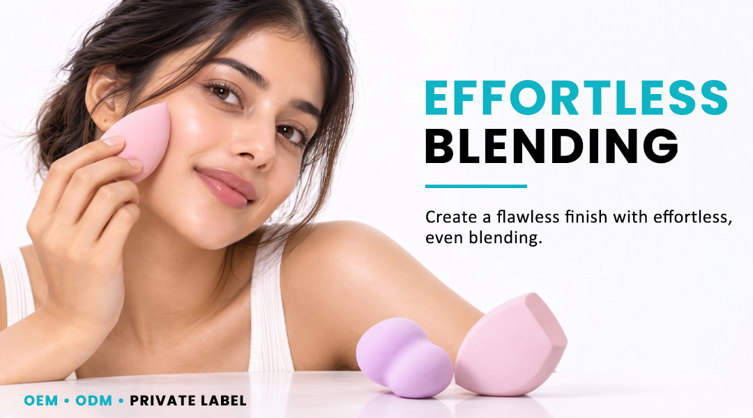 Woman using AllMask makeup blender sponge for effortless makeup blending
