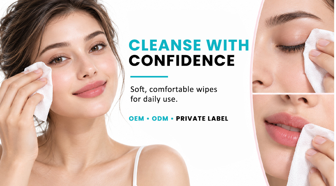 Woman using AllMask cosmetic wipes for comfortable facial cleansing and makeup removal