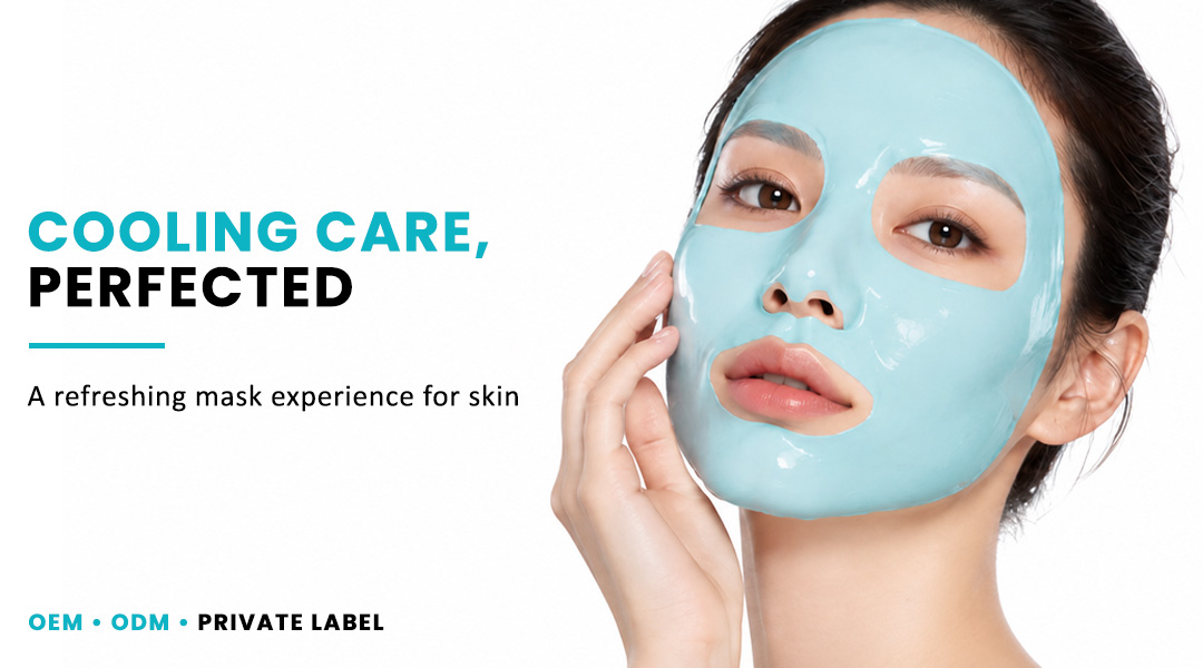 Woman wearing blue AllMask modelling mask for cooling skincare care