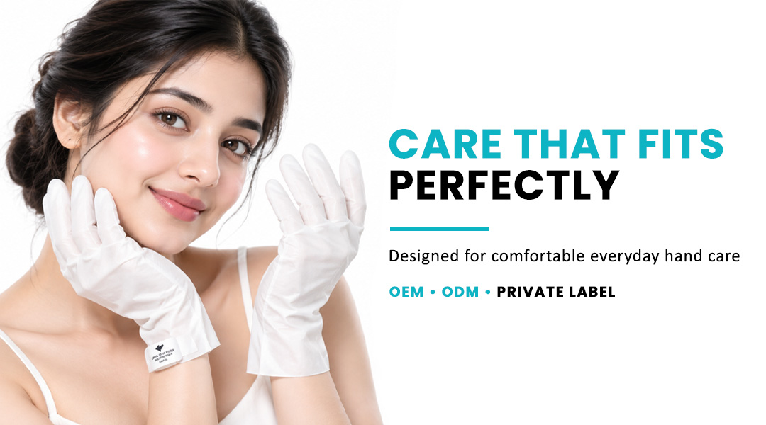 Woman wearing ALLMASK hand mask gloves for hand care