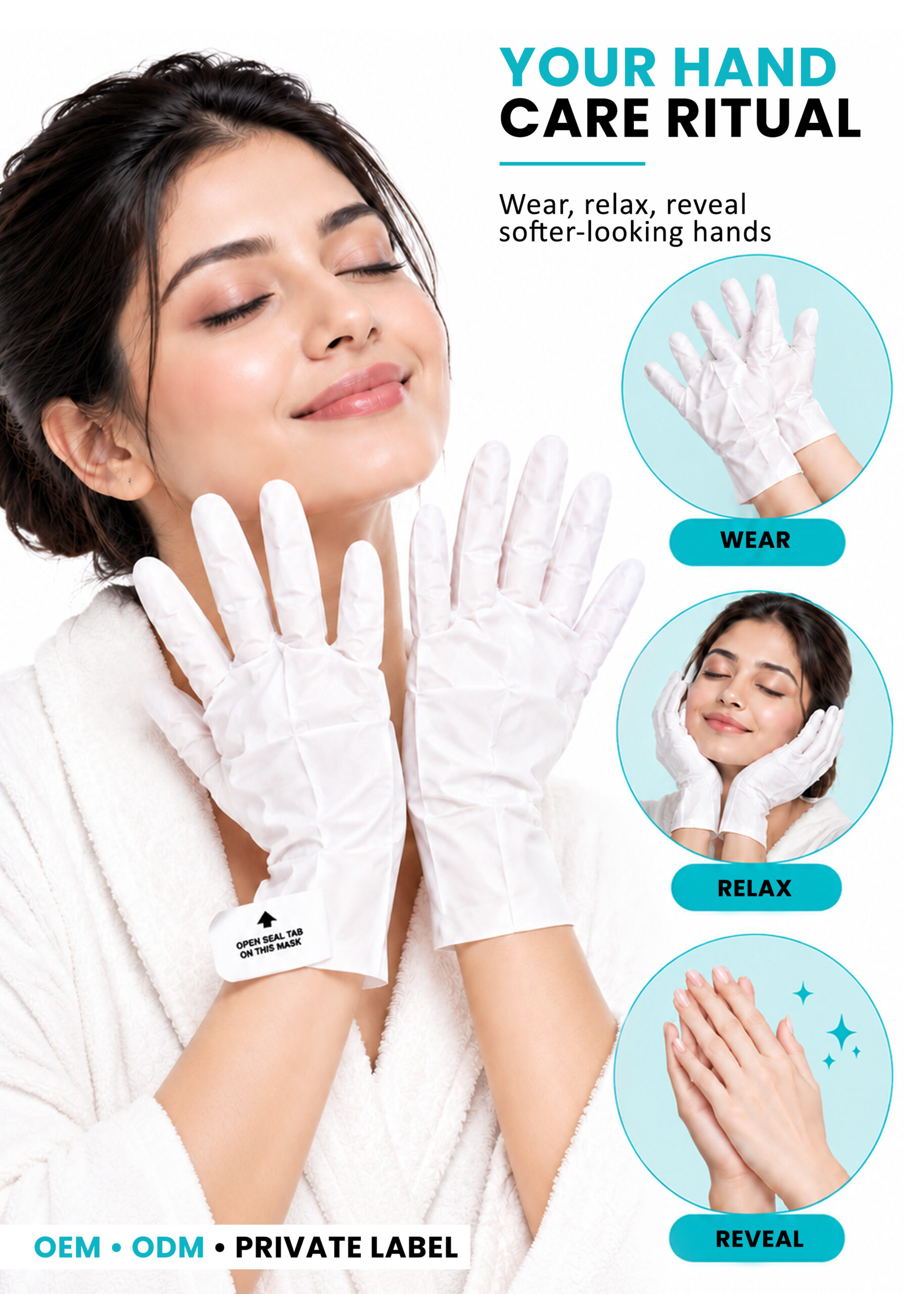 ALLMASK Hand Mask Gloves – Hand Care Ritual Woman wearing ALLMASK hand mask gloves in a hand care routine