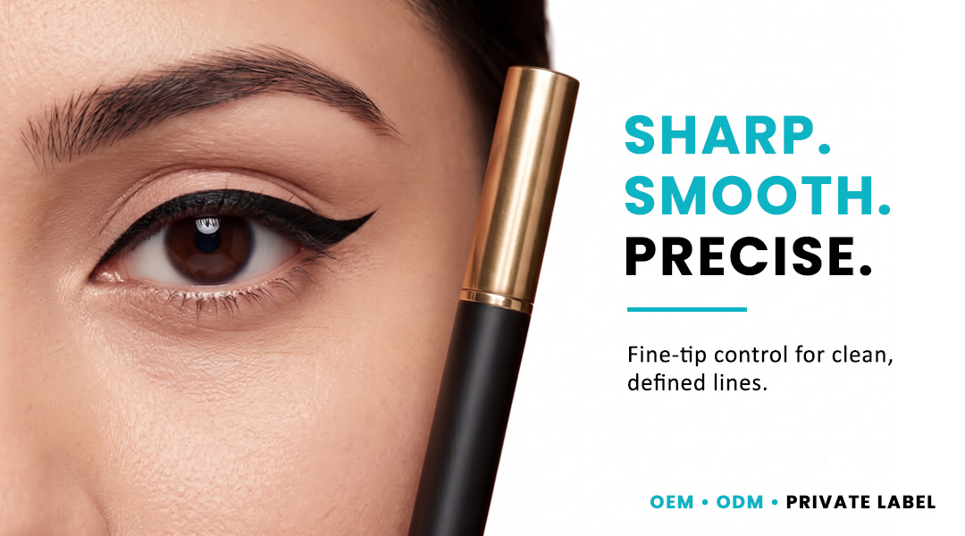 Close-up of eye with AllMask liquid eyeliner pen showing a sharp precise line