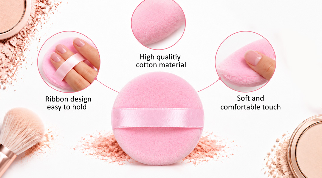 AllMask pink makeup puff showing soft texture and ribbon design