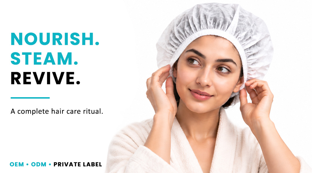 Woman wearing AllMask hair steam mask for nourishing steam hair treatment