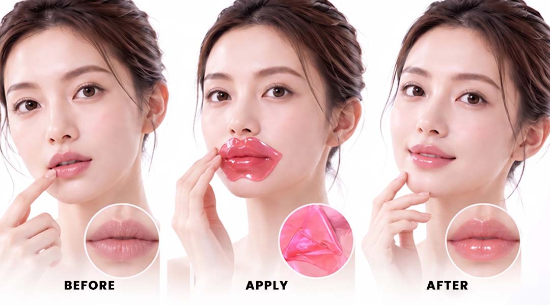 Before and after application of AllMask hydrogel lip mask