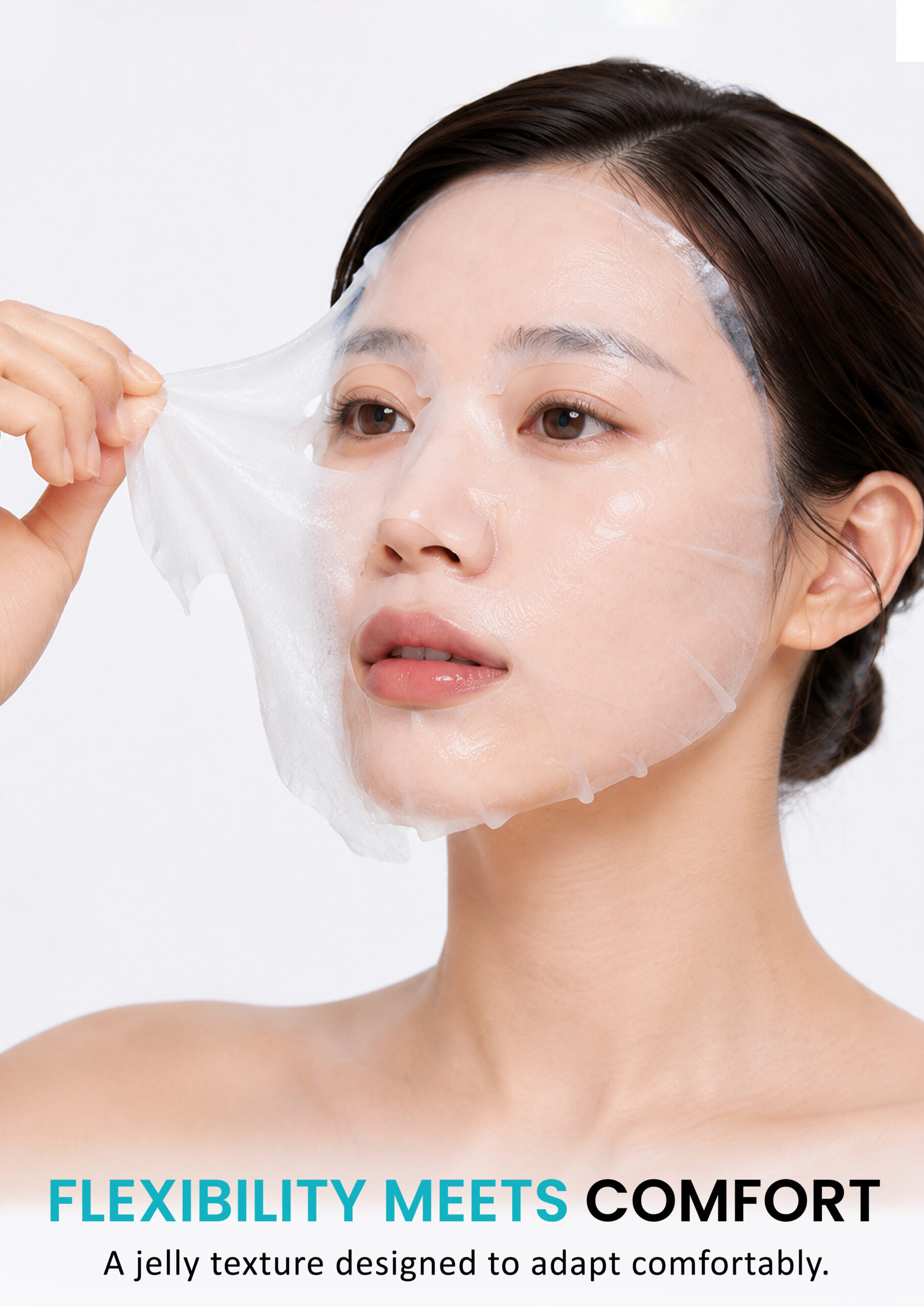 AllMask Jelly Sheet Face Mask – Flexibility Meets Comfort Model applying AllMask Jelly Sheet Face Mask with a flexible texture and comfortable facial fit