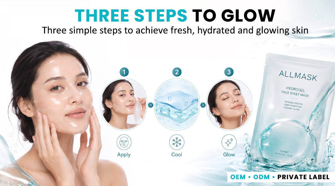 Three-step application process of AllMask Hydrogel Facial Sheet Mask for hydrated glowing skin