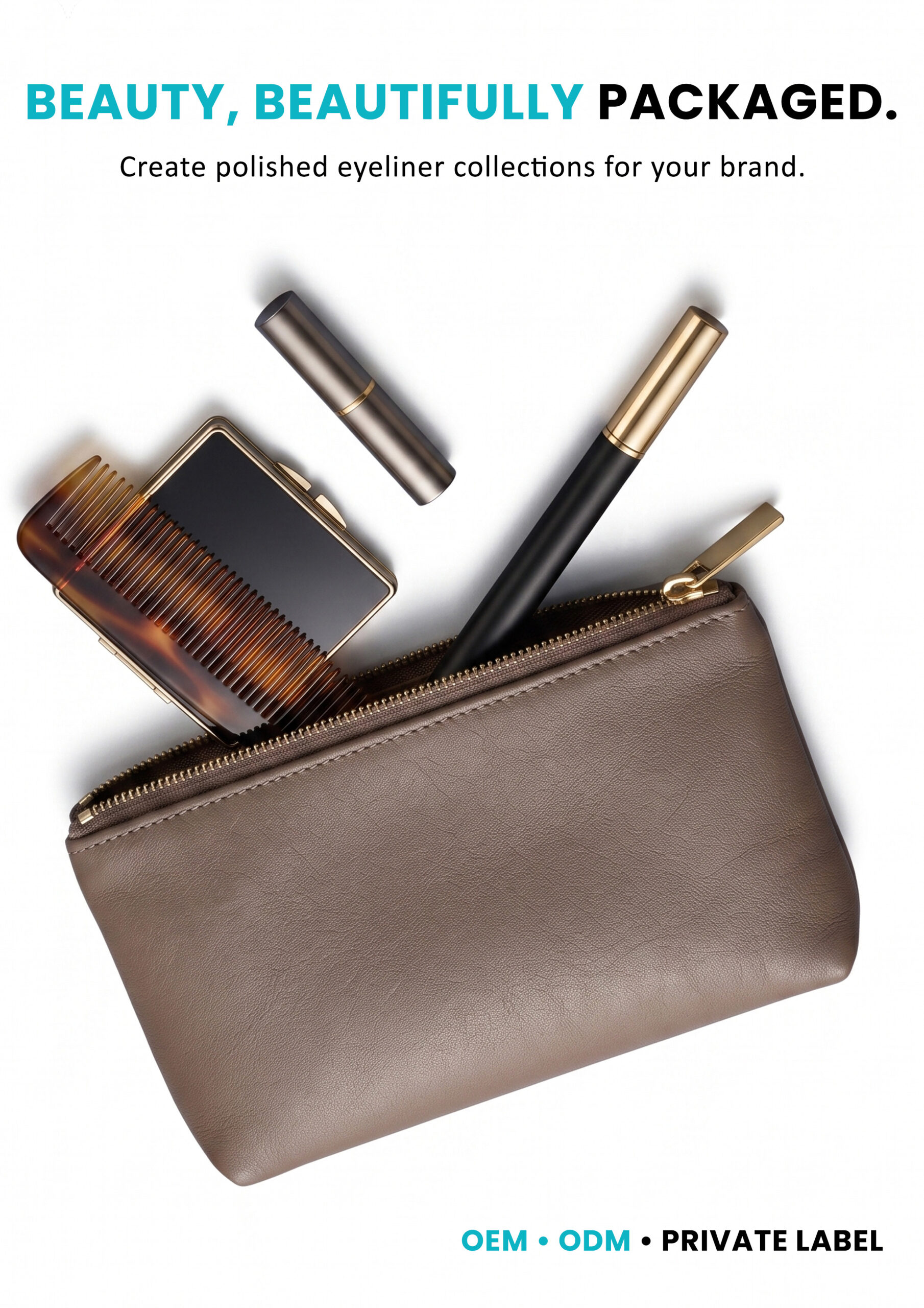 AllMask Liquid Eyeliner Pen – Premium Packaging AllMask liquid eyeliner pens and cosmetic packaging arranged in a beauty pouch
