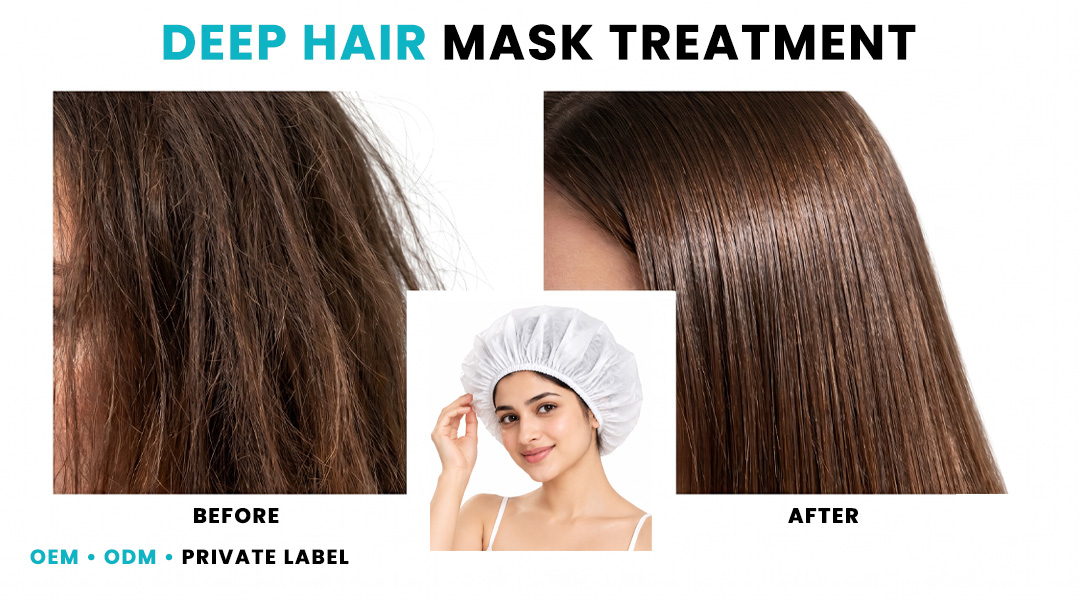 A lifestyle beauty visual featuring a woman using an AllMask hair steam mask. The steam treatment is designed to complement nourishing hair care routines and provide a relaxing at-home treatment experience.