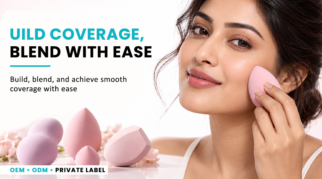 Woman using AllMask makeup blender for buildable coverage and easy blending