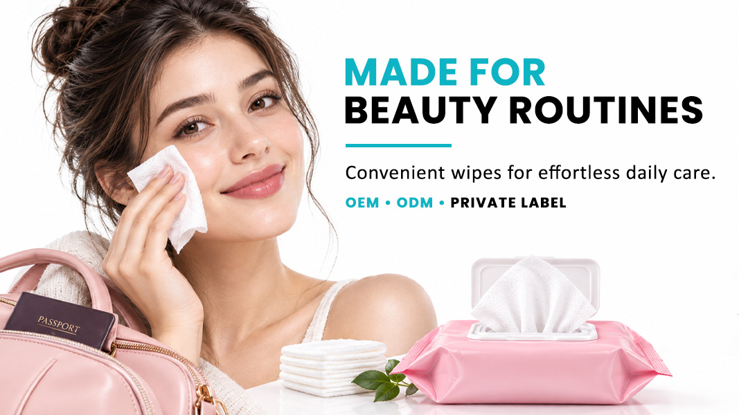 Woman using AllMask cosmetic wipes with customized pink skincare packaging