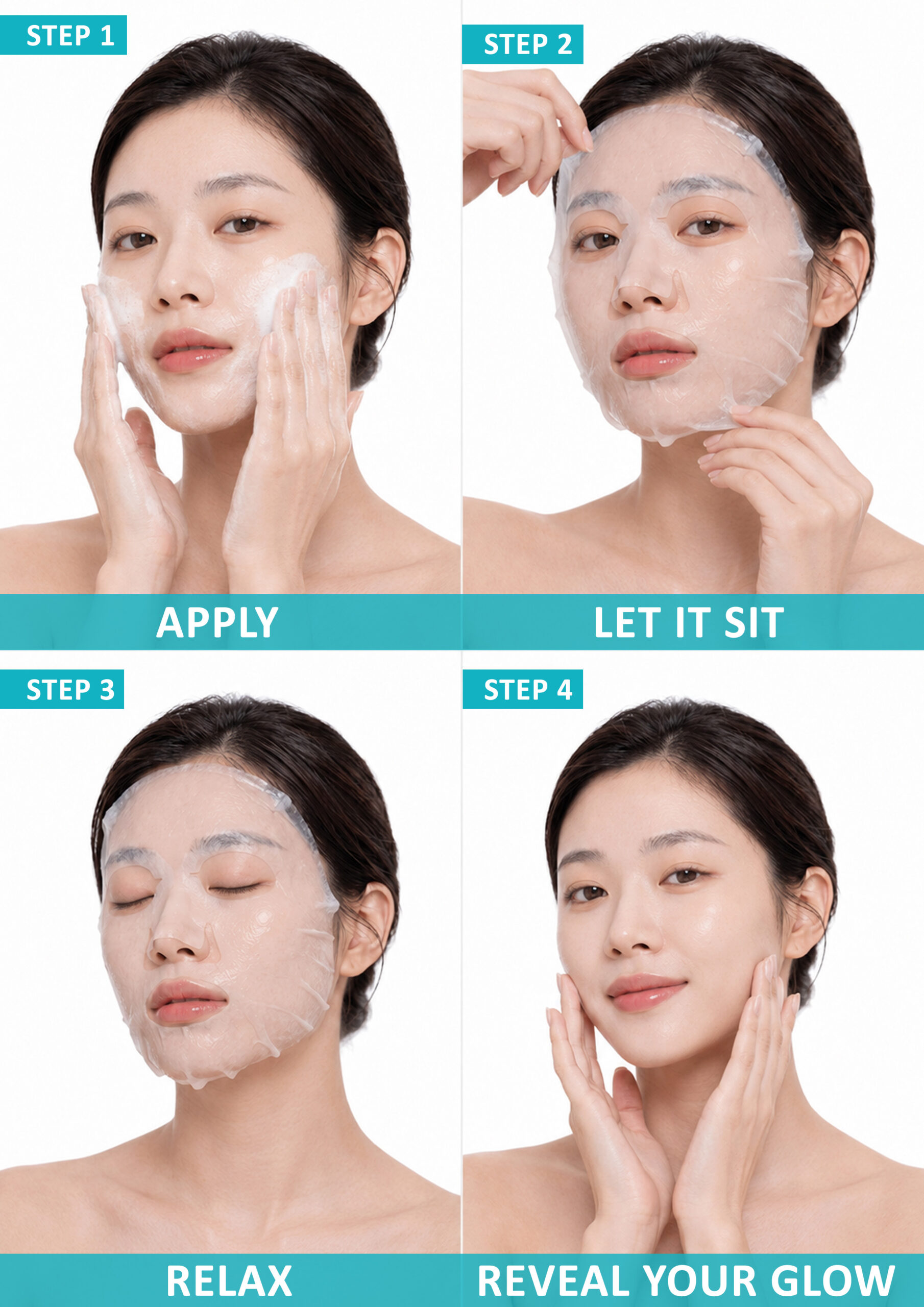 How to Use AllMask Jelly Sheet Face Mask Four-step guide showing how to apply relax with and remove the AllMask Jelly Sheet Face Mask