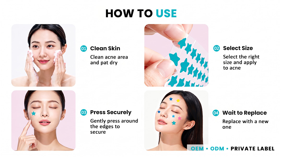 Step-by-step guide showing how to apply AllMask acne pimple patches to blemishes