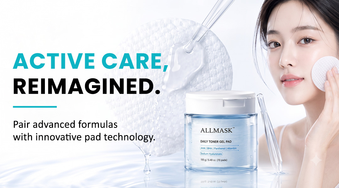 AllMask gel toner pad with skincare jar and woman applying toner pad