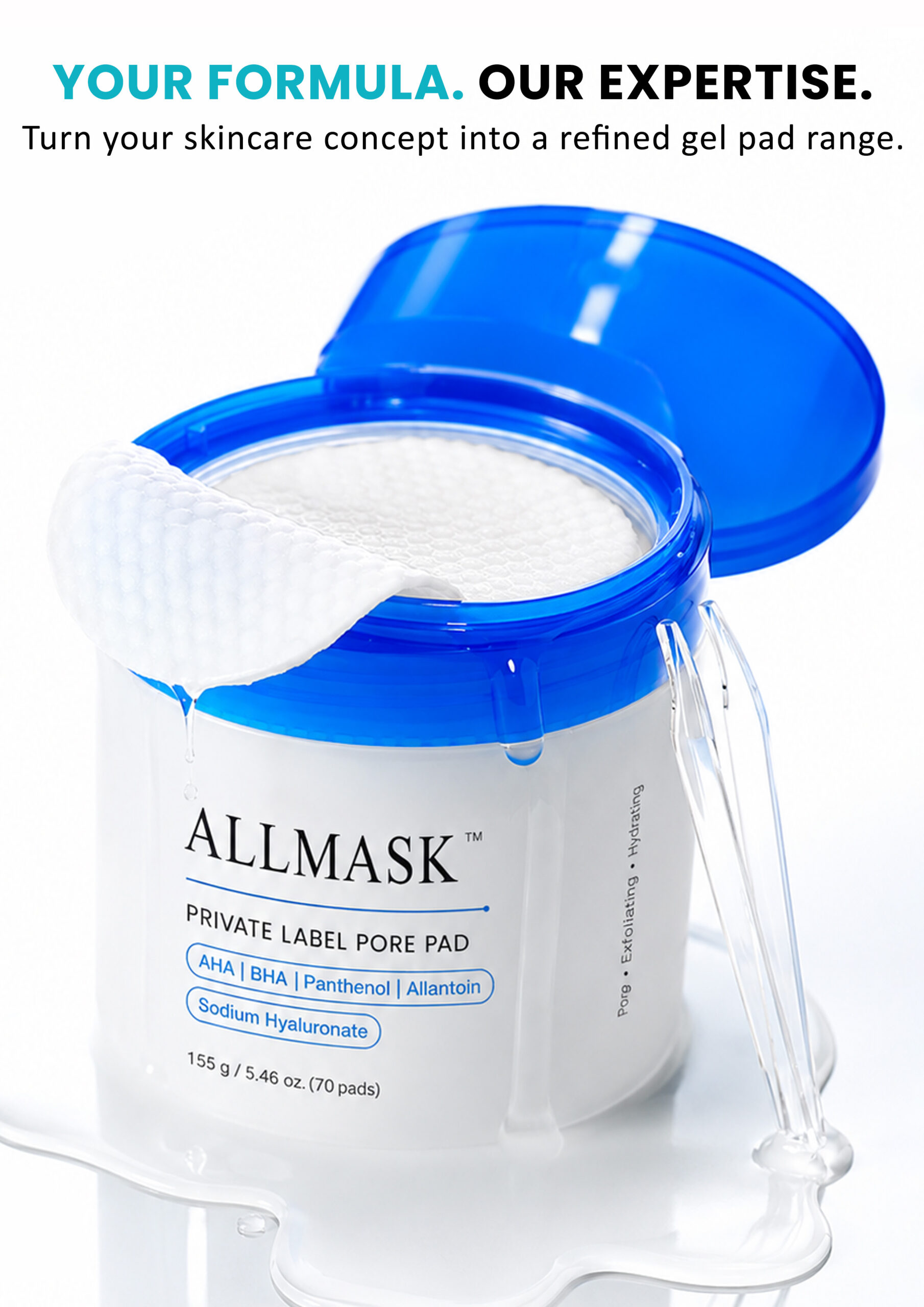 AllMask Gel Toning Pads – Custom Formula AllMask gel toning pads in customized skincare packaging with essence