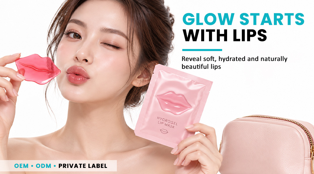 Woman holding AllMask hydrogel lip mask for hydrated and naturally beautiful lips
