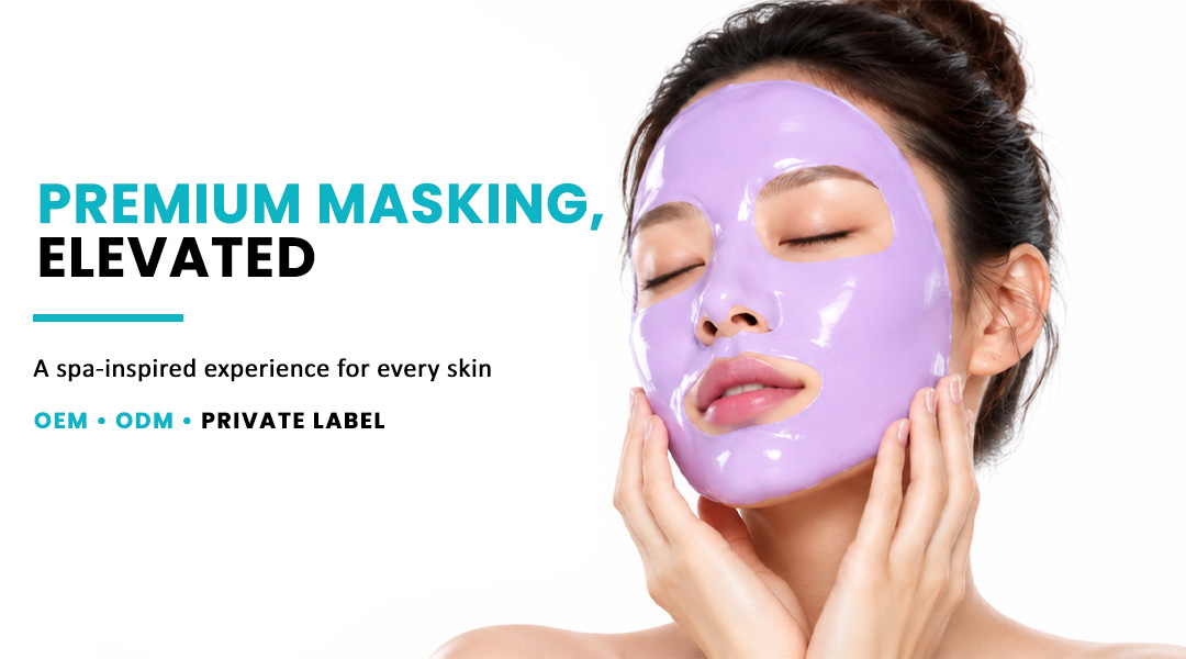 Woman wearing purple AllMask modelling mask for premium skincare