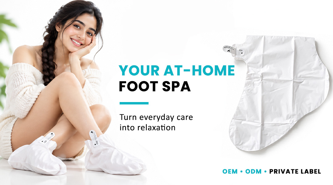 Woman using ALLMASK foot mask for at-home foot spa care