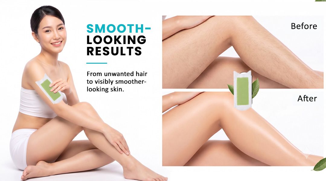 AllMask gel wax strip shown with before and after body hair removal results