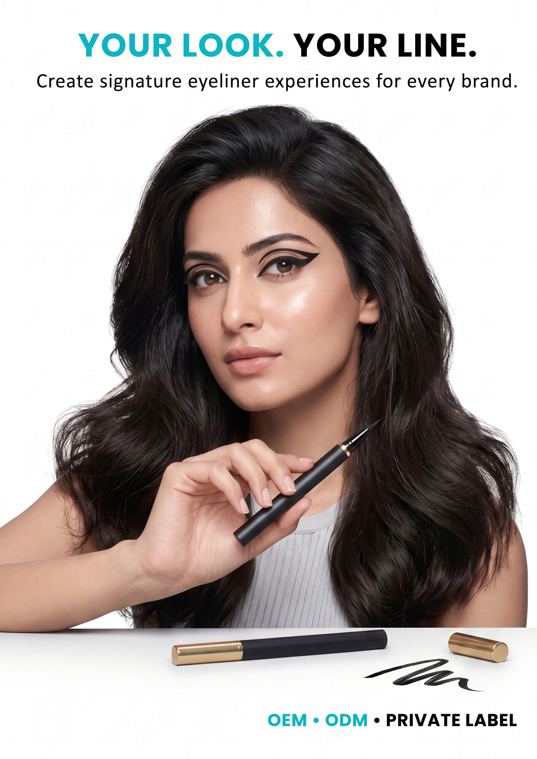 AllMask Liquid Eyeliner Pen – Your Look, Your Line Woman holding an AllMask liquid eyeliner pen for a personalized eye makeup look