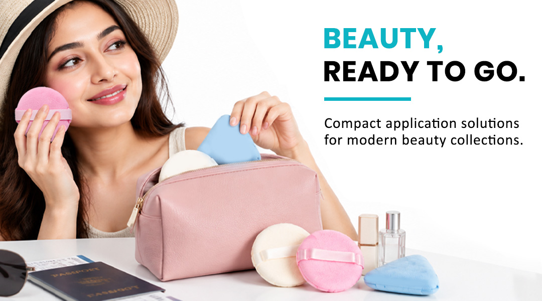 AllMask makeup puffs arranged with beauty products in a travel-ready pouch