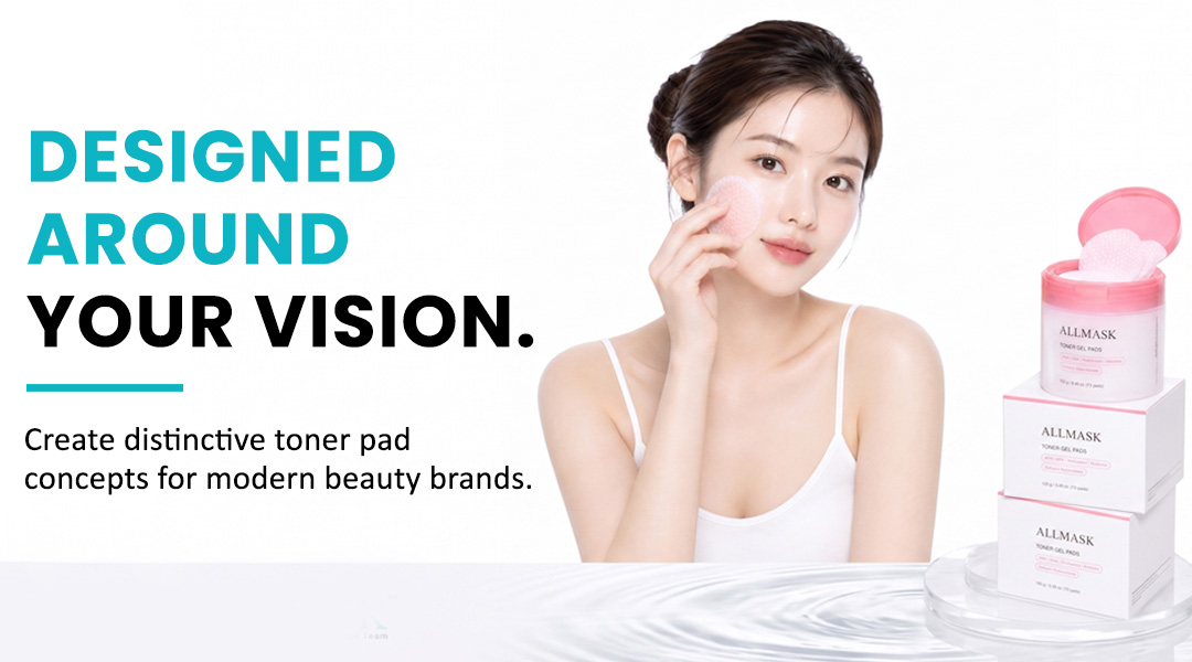 Woman using AllMask gel toner pad with customized skincare packaging