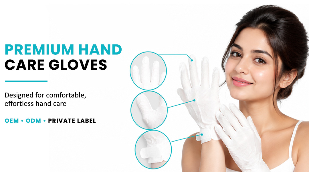 Woman wearing ALLMASK hand mask gloves for premium hand care