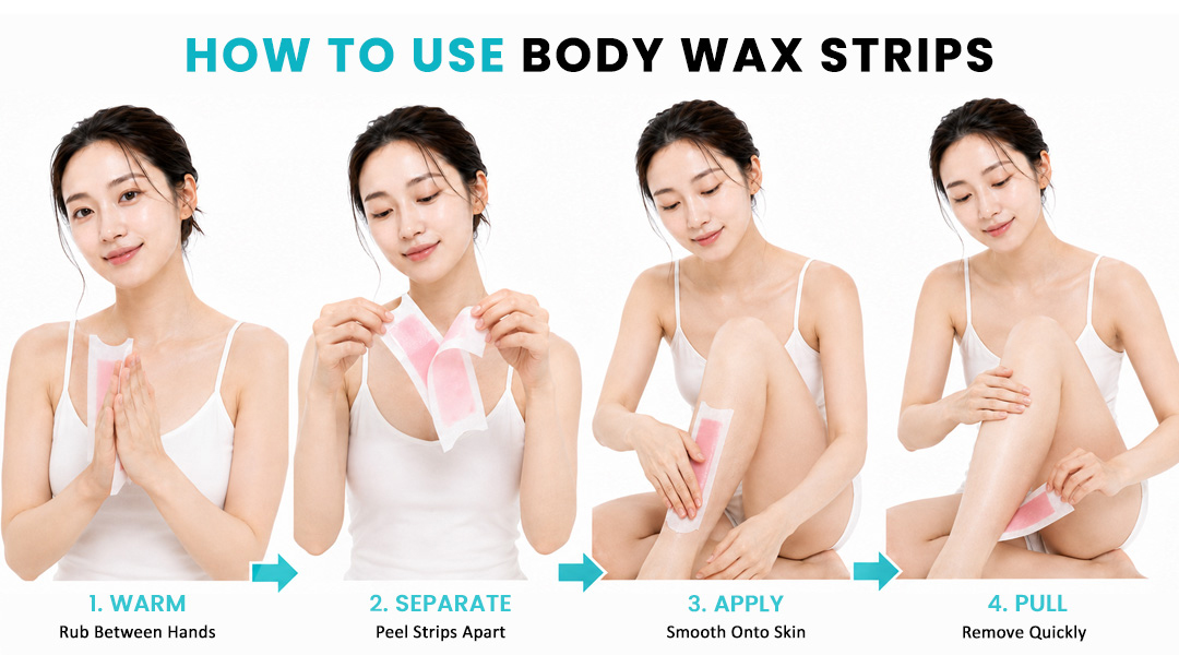 Four-step guide showing how to use AllMask gel body wax strips