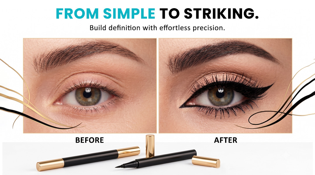 Before and after comparison showing defined eye makeup using AllMask liquid eyeliner