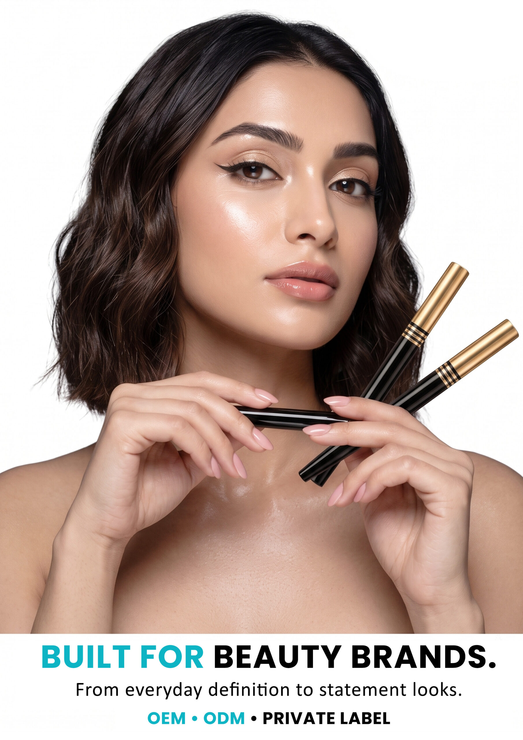 AllMask Liquid Eyeliner Pen – Built for Beauty Brands Woman holding AllMask liquid eyeliner pens in different packaging formats