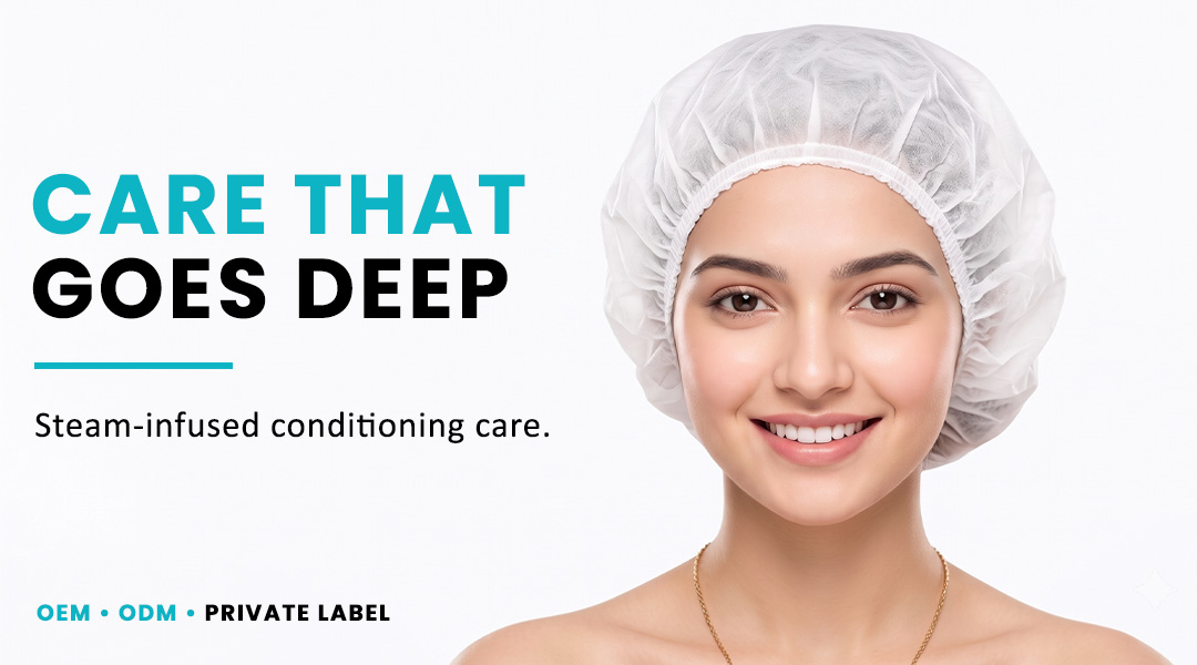 Woman wearing AllMask hair steam mask for deep steam-infused conditioning