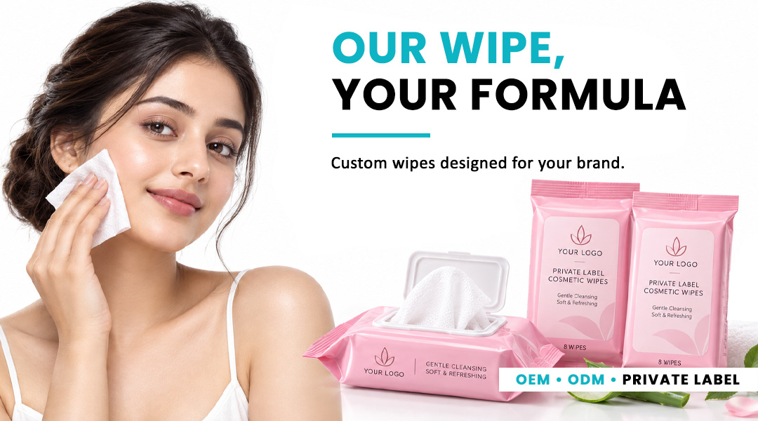Woman using AllMask cosmetic wipe with customized private label wipe packaging
