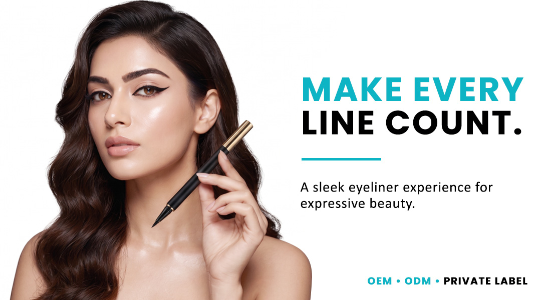 Woman holding AllMask liquid eyeliner pen with a defined eye makeup look