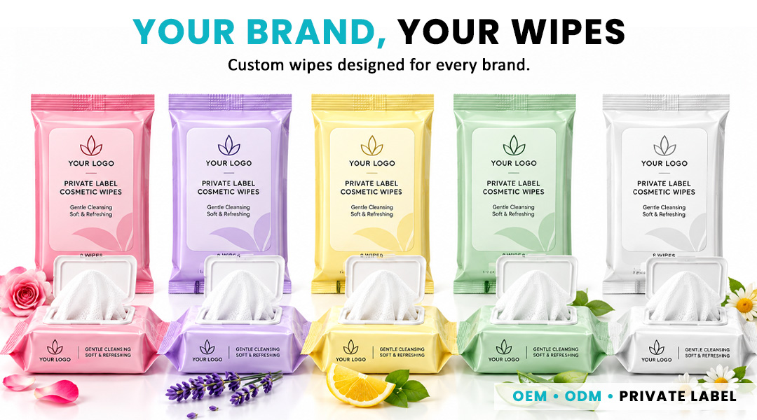 AllMask customized cosmetic wipes in multiple colors and private label packaging