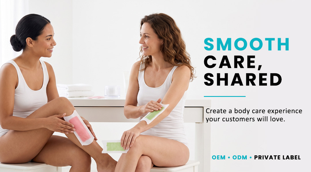 Two women using AllMask gel wax strips for shared body care