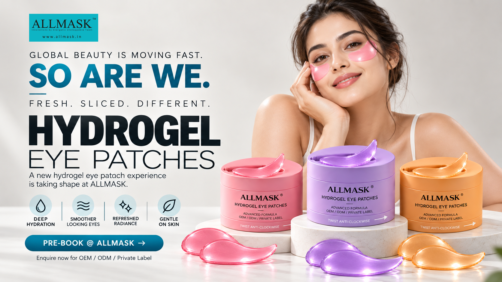 ALLMASK hydrogel eye patches in pink, purple and orange packaging for private label skincare